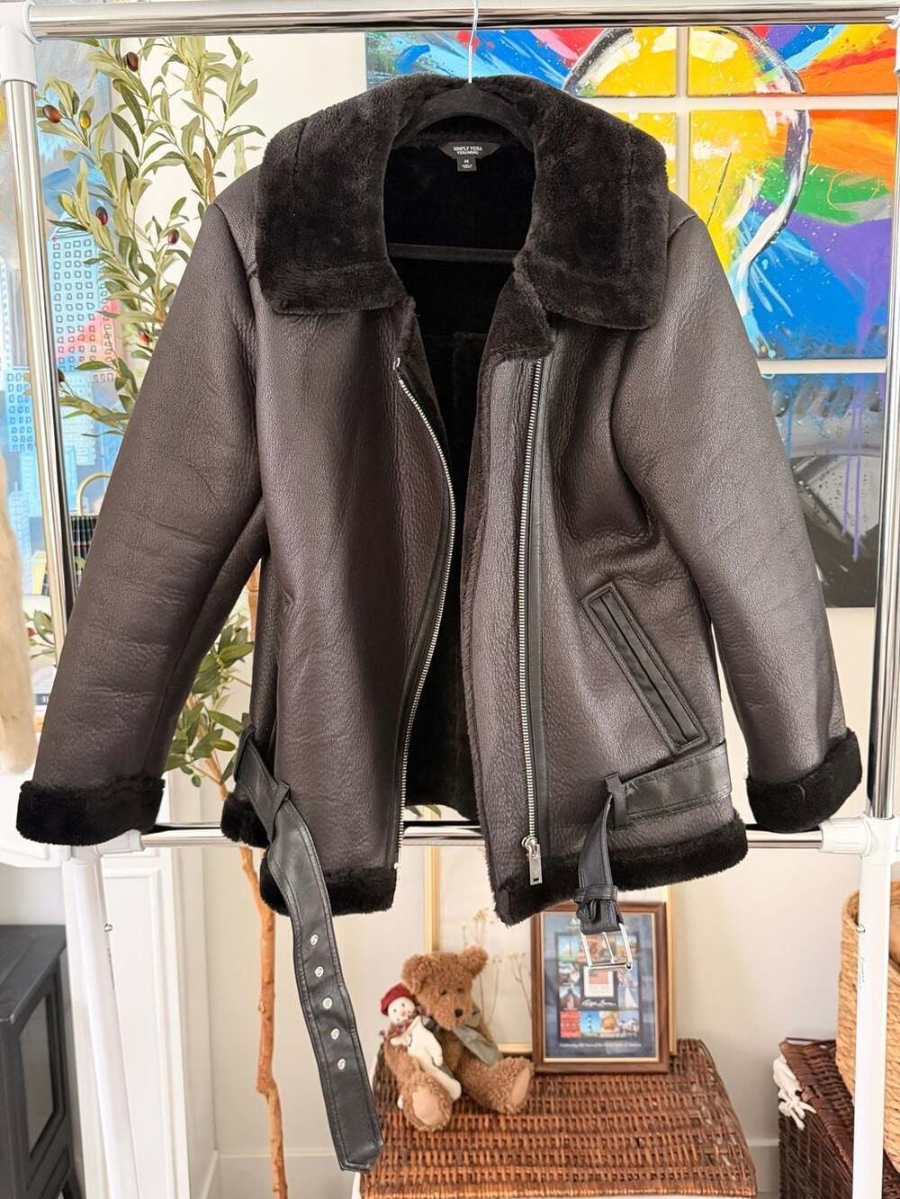 Simply Vera Wang Black Faux Leather & Faux Fur Bomber Aviator Jacket